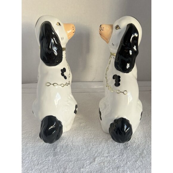 PAIR Staffordshire Style Dog 7.5"H Statues Mantle Figure Gold Chain Black White - Picture 8 of 11